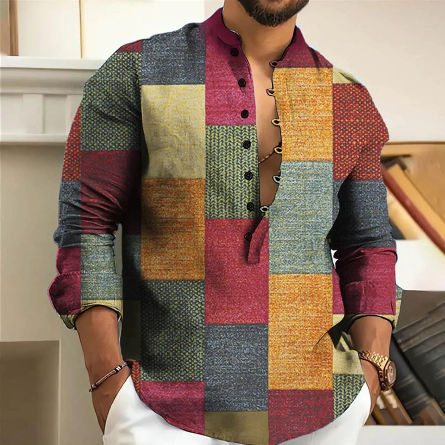 2024 Linen Shirts for Men Henley Long Sleeve Casual Banded Collar Button Vintage Beach Hawaiian T Shirt