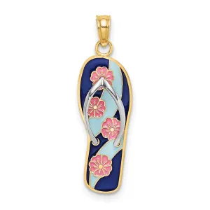 3-D Enamel Pink Flowers Flip-Flop Charm Pendant in Real 14k Multi-Tone Gold