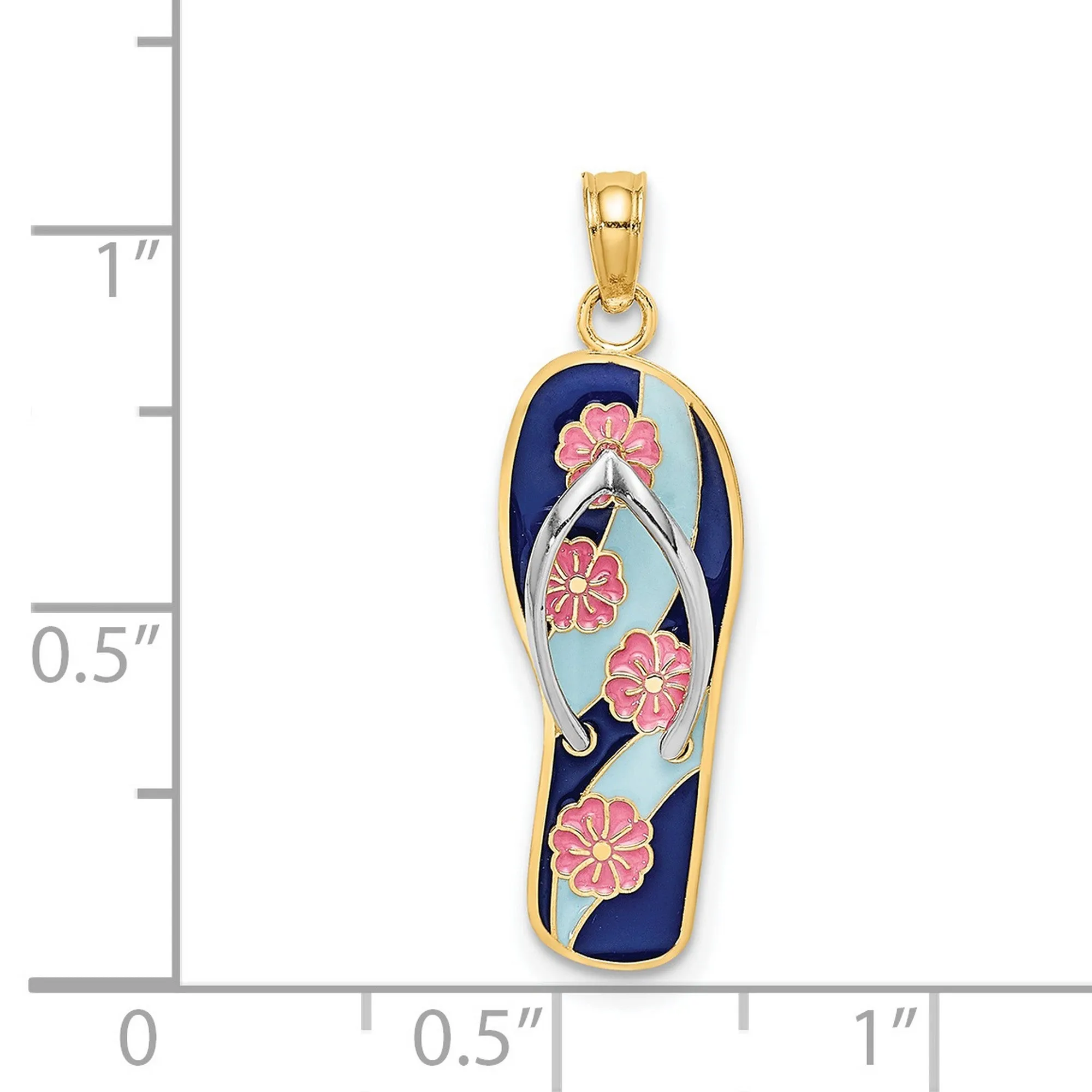 3-D Enamel Pink Flowers Flip-Flop Charm Pendant in Real 14k Multi-Tone Gold