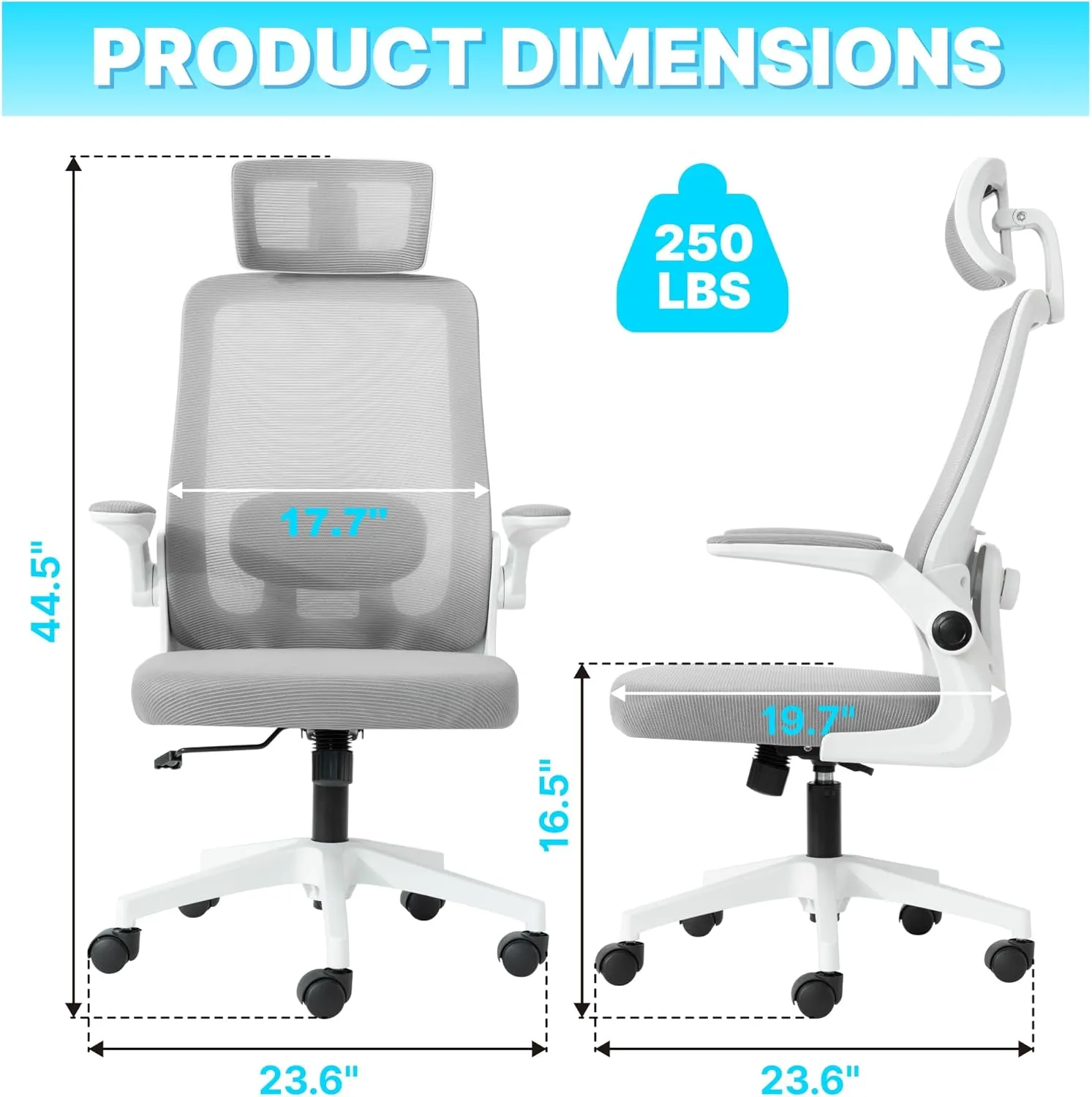 Ergonomic Home Office Chair with Adjustable Lumbar Support Adjustable Headrest,Comfy High Back, Breathable Mesh Computer Gaming Chair with Flip-Up Armrests (Grey)
