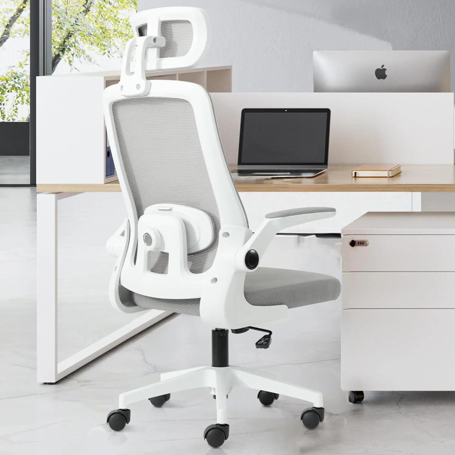Ergonomic Home Office Chair with Adjustable Lumbar Support Adjustable Headrest,Comfy High Back, Breathable Mesh Computer Gaming Chair with Flip-Up Armrests (Grey)