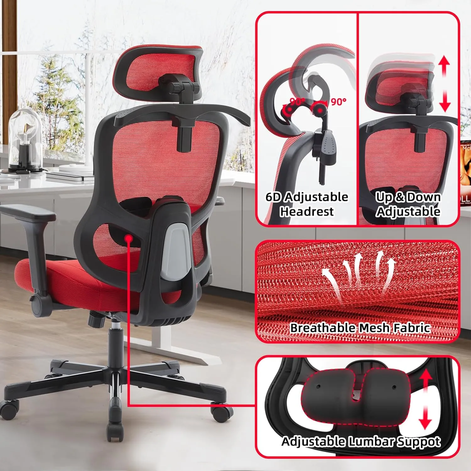 Ergonomic Office Chair Big Tall Reclining Gaming Chair Adjustable Lumbar Support 6D Armrest 6D Headrest Breathable Mesh Swivel Computer Chairs Home Task Desk Chair Wheels Coat Hanger Tilt Lock Red