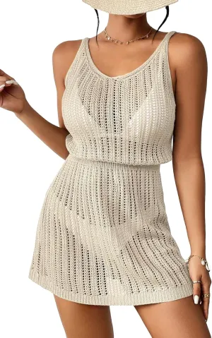 GORGLITTER Women's Crochet Cover Up Dress Hollow Out Sleeveless V Neck Bathing Suit Cover Ups