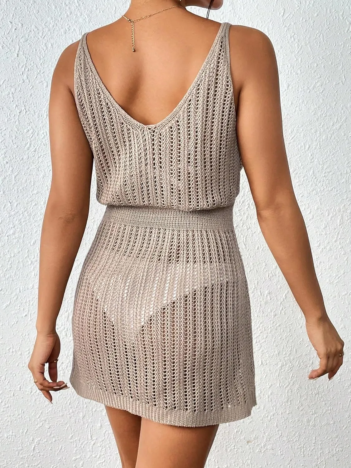 GORGLITTER Women's Crochet Cover Up Dress Hollow Out Sleeveless V Neck Bathing Suit Cover Ups