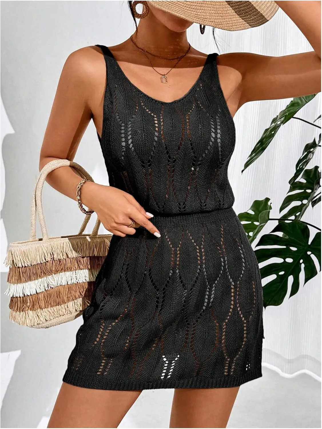 GORGLITTER Women's Crochet Cover Up Dress Hollow Out Sleeveless V Neck Bathing Suit Cover Ups