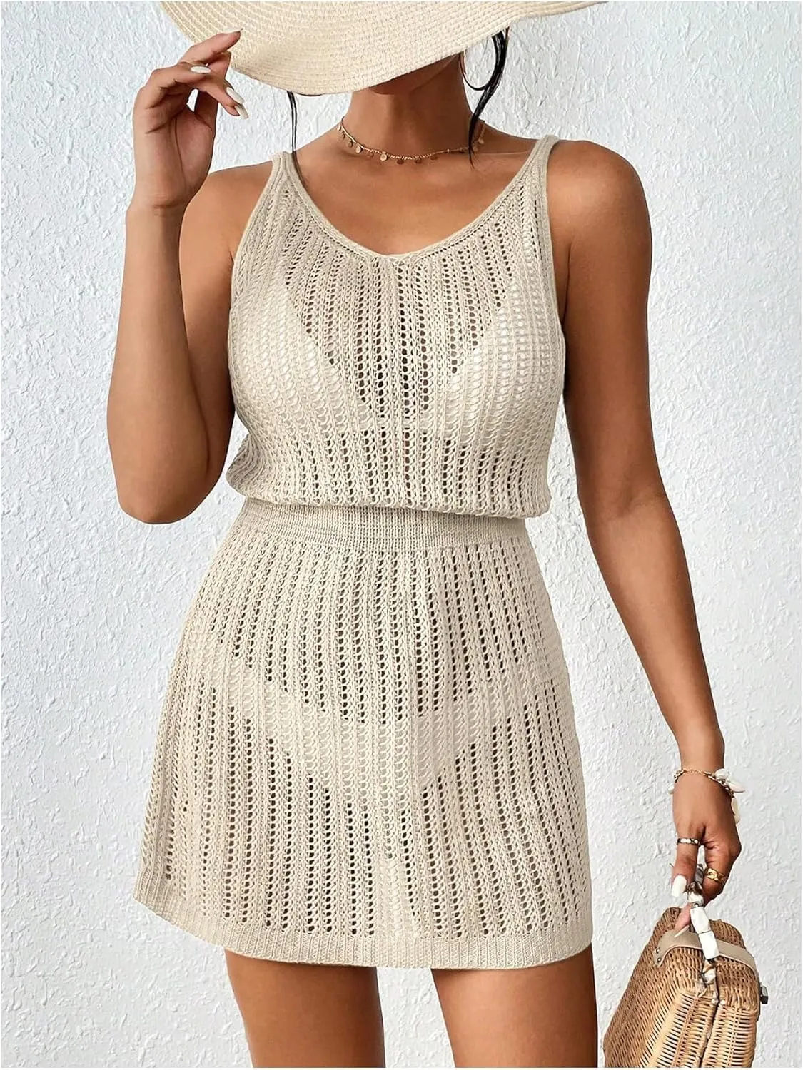 GORGLITTER Women's Crochet Cover Up Dress Hollow Out Sleeveless V Neck Bathing Suit Cover Ups