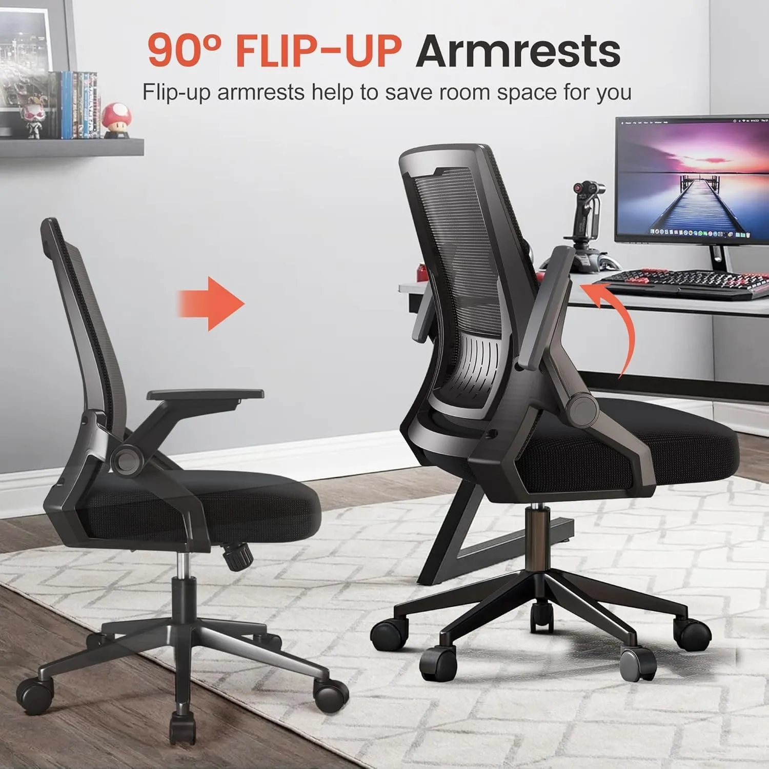 GTRACING Ergonomic Office Chair with Flip-up Armrests Executive Computer Chair for Home Office, Breathable Mesh & Adaptive Lumbar Support, Black