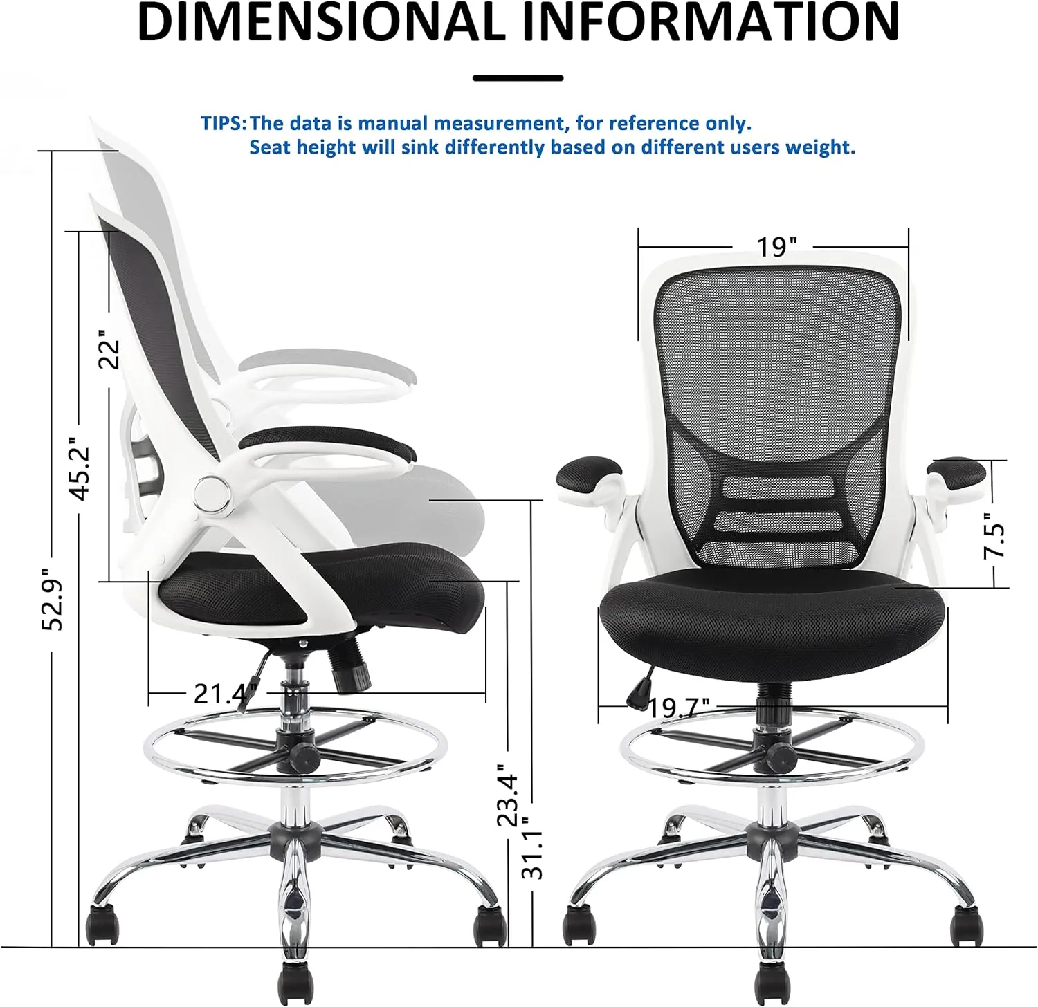 HYLONE Drafting Chair, Tall Office Chair Mesh Standing Desk Stool with Adjustable Foot Ring, Flip-Up Arms, White & Black
