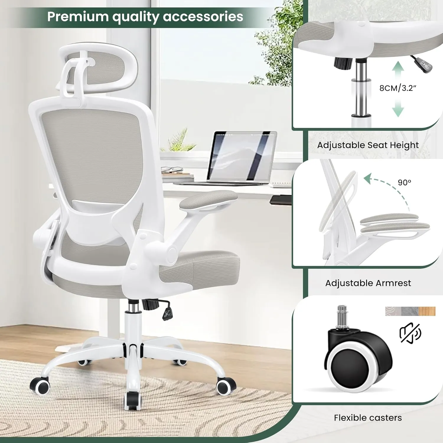 KERDOM Ergonomic Office Chair, Breathable Mesh Desk Chair, Lumbar Support Computer Chair with Headrest and Flip-up Arms, Swivel Task Chair, Adjustable Height Gaming Chair, LightGray