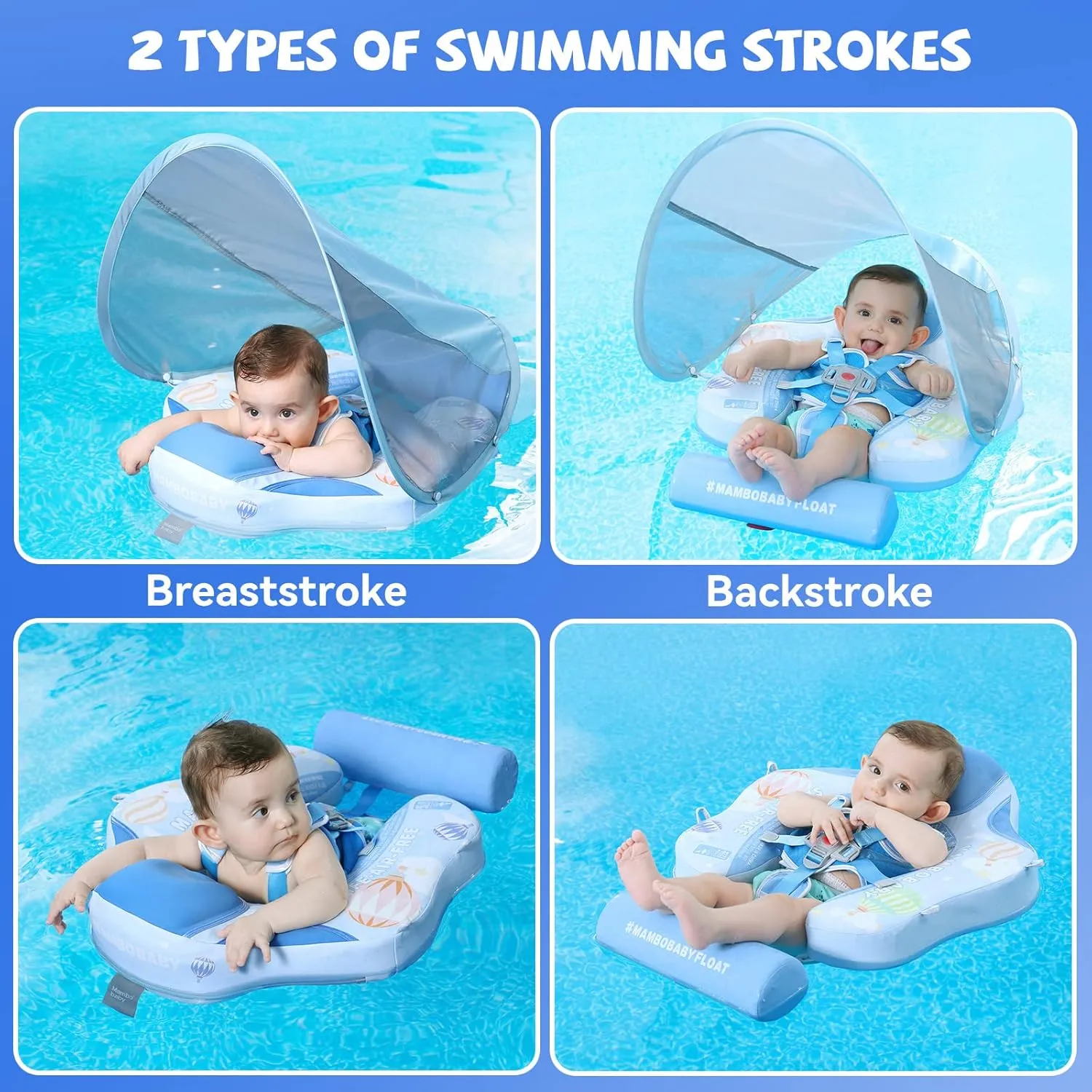 Mambobaby Baby Swim Float with Canopy Non-Inflatable Infant Pool Float with Tail 3-24 Months Avoid Flip Solid Skin-Friendly Material for Toddler Boys Girls