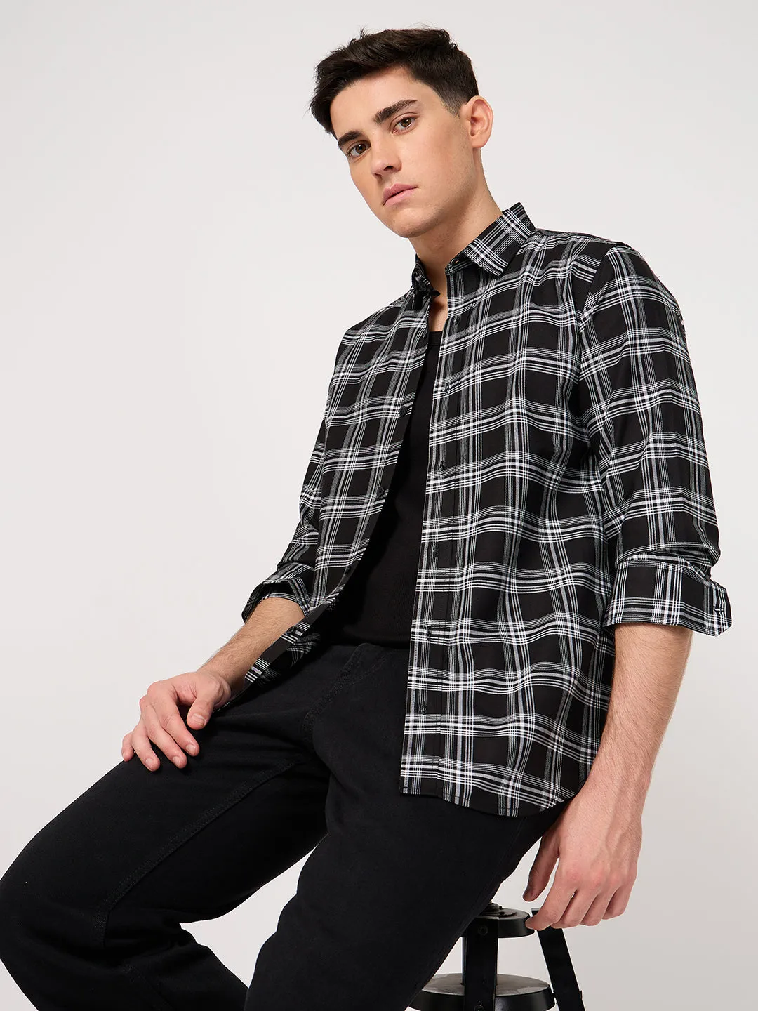 Men TFO Oxford Cotton Black Checked Shirt
