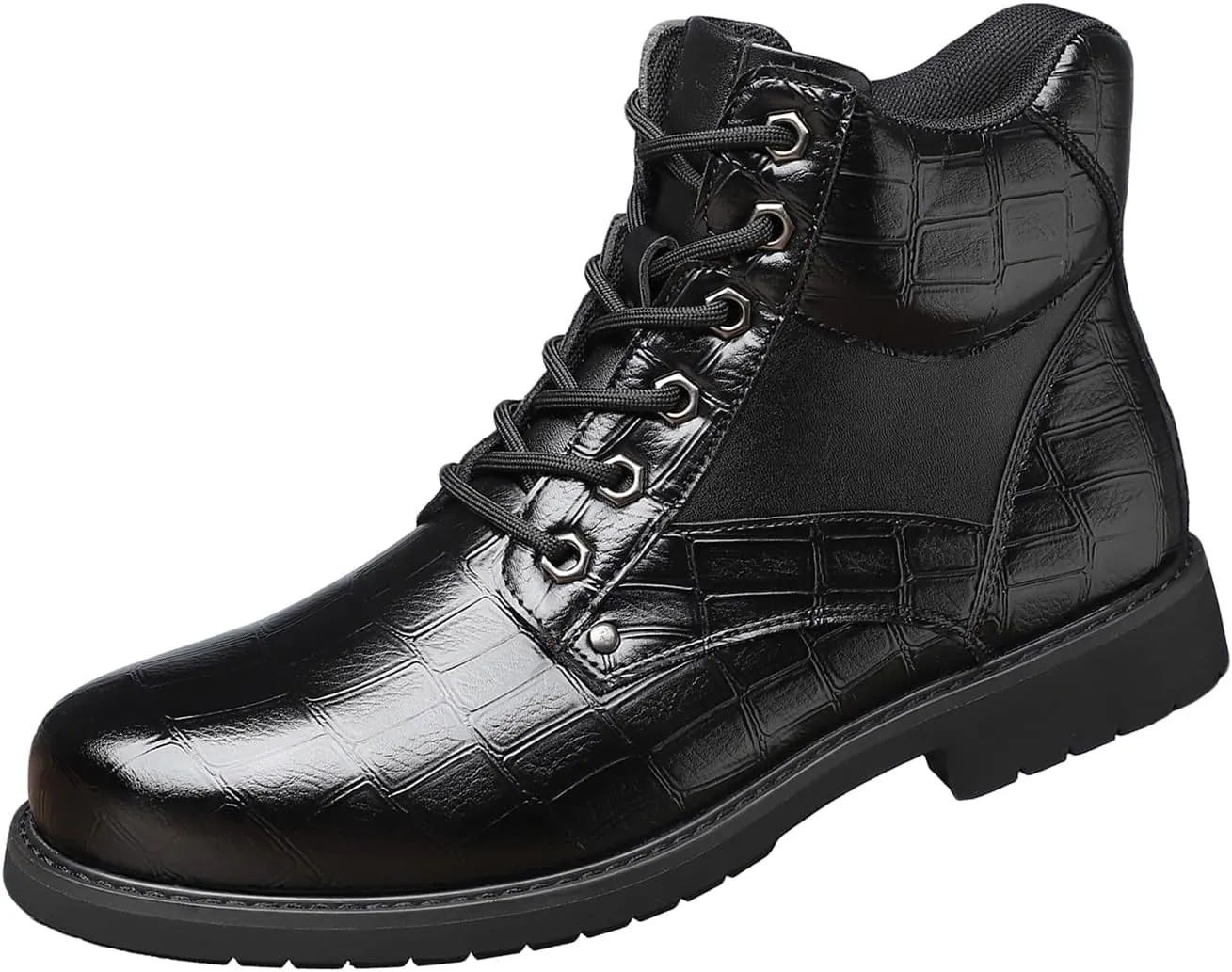Men's Cowhide Printed Pattern Boots,Men's High Top Casual Boots, Waterproof Lace-Up, Leather Pattern, Rubber Sole