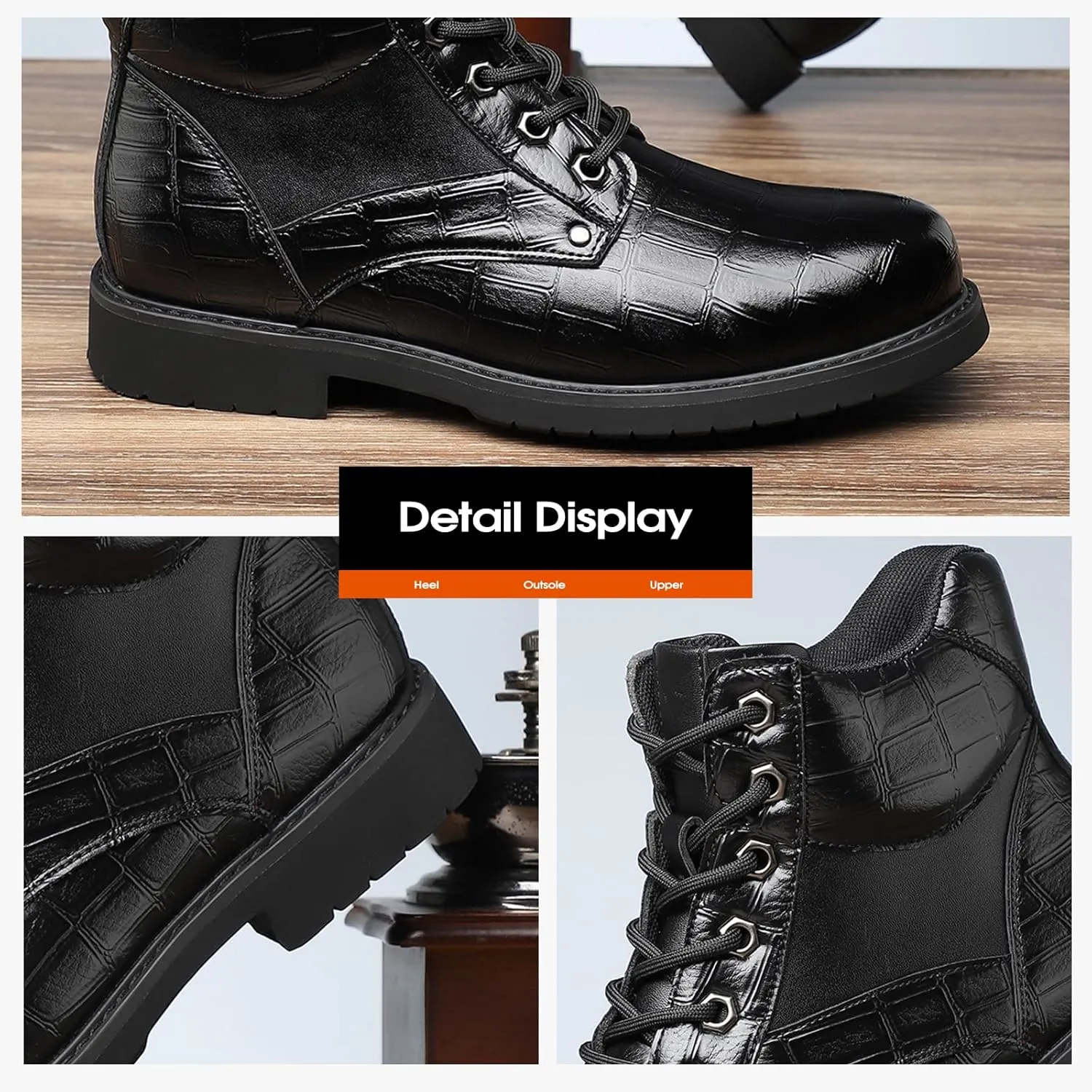Men's Cowhide Printed Pattern Boots,Men's High Top Casual Boots, Waterproof Lace-Up, Leather Pattern, Rubber Sole