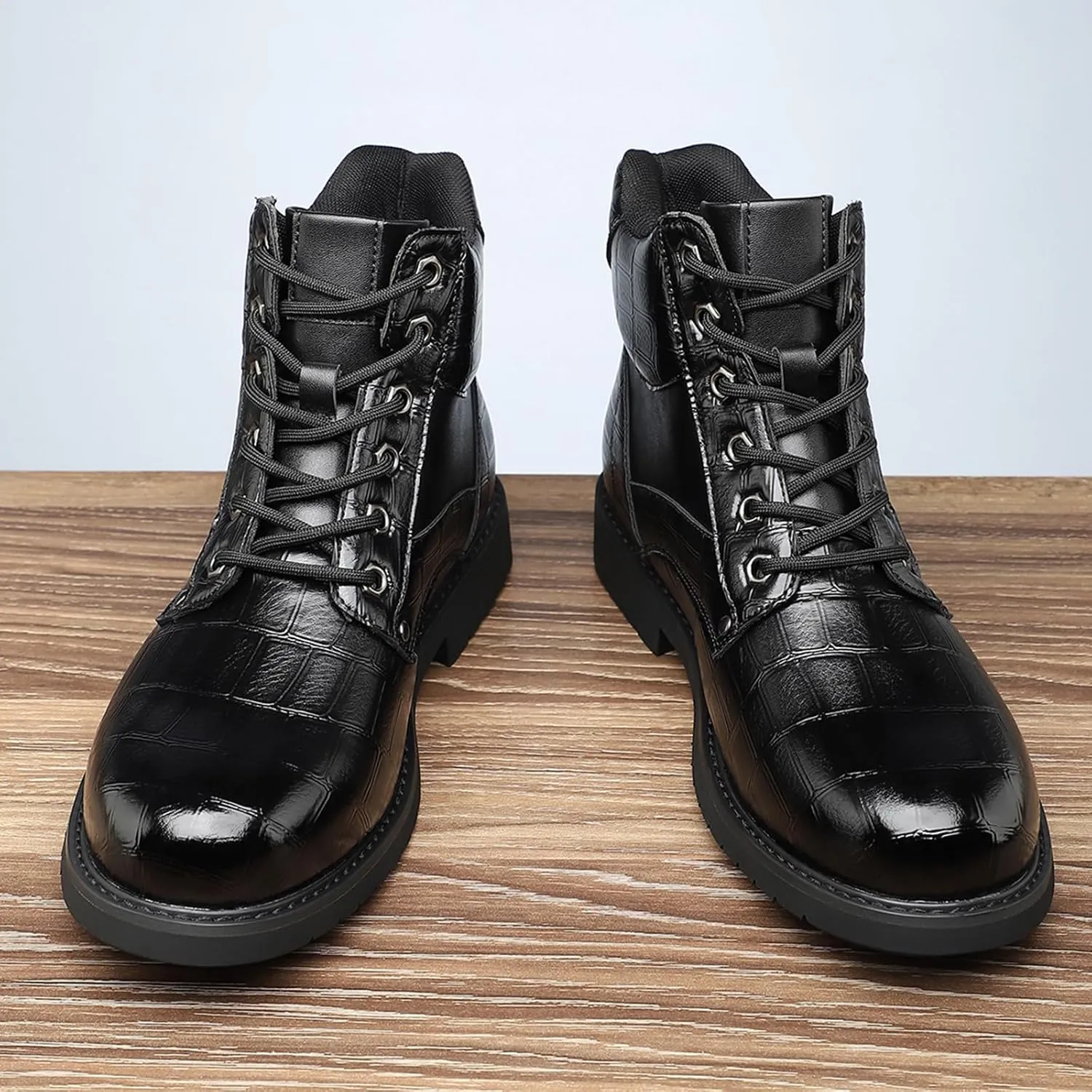 Men's Cowhide Printed Pattern Boots,Men's High Top Casual Boots, Waterproof Lace-Up, Leather Pattern, Rubber Sole