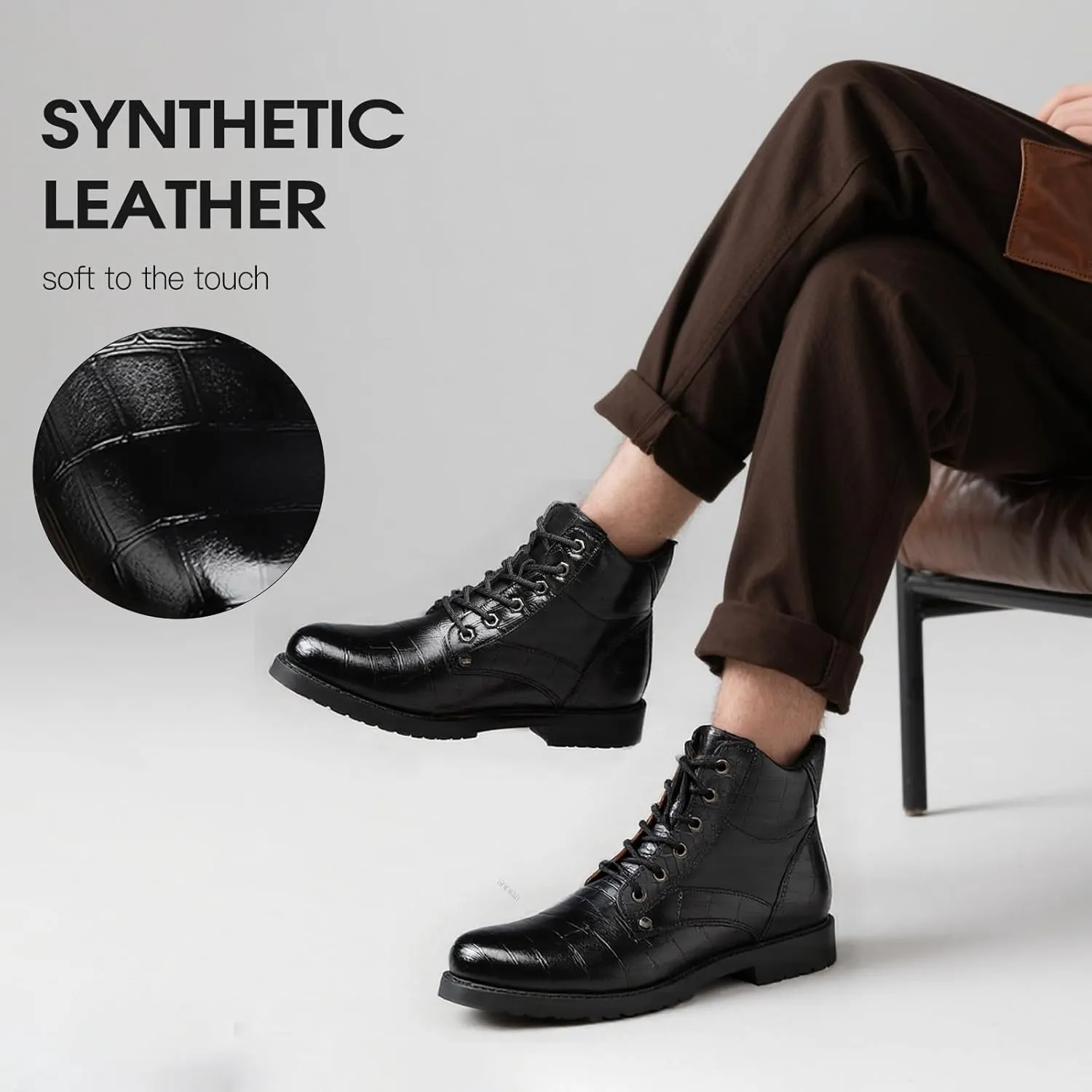 Men's Cowhide Printed Pattern Boots,Men's High Top Casual Boots, Waterproof Lace-Up, Leather Pattern, Rubber Sole