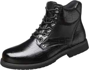 Men's Cowhide Printed Pattern Boots,Men's High Top Casual Boots, Waterproof Lace-Up, Leather Pattern, Rubber Sole