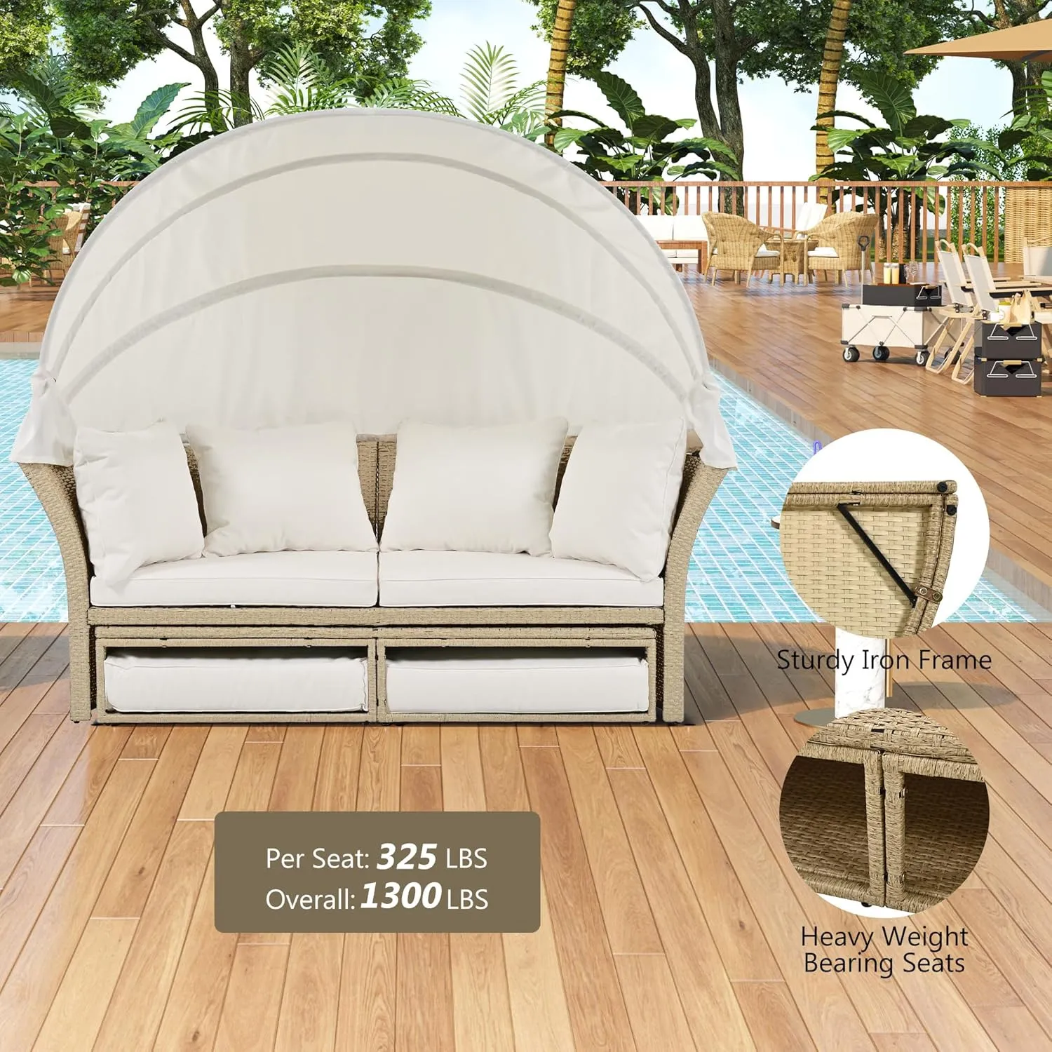 Merax All-Weather Outdoor Round Patio Daybed Conversation Sofa Set Wicker Rattan Double Daybed Sunbed with Retractable Canopy, 4 Pillows and Removable Beige Cushions