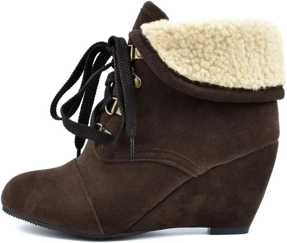 MIOKE Women's Winter Fur Wedge Ankle Boots Suede Round Toe Lace Up Chunky High Heel Cuff Dressy Short Bootie