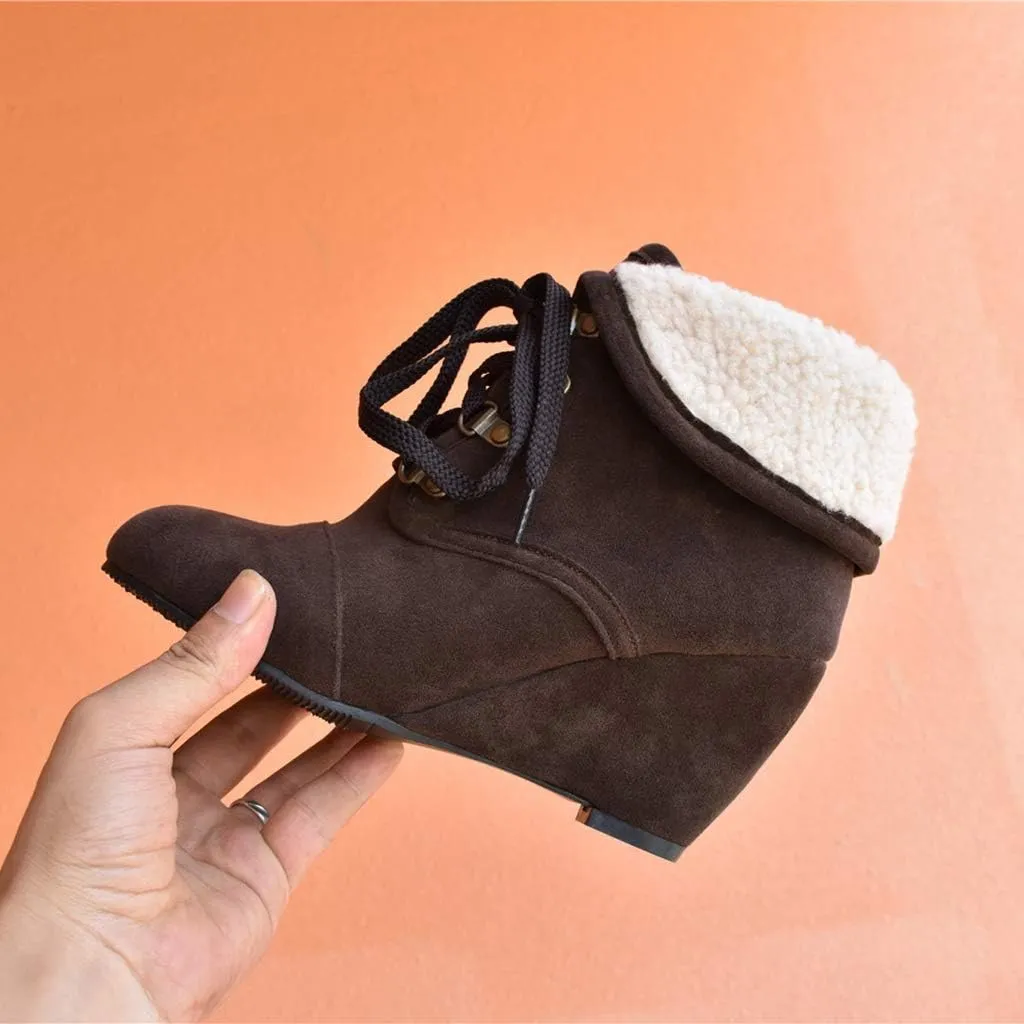 MIOKE Women's Winter Fur Wedge Ankle Boots Suede Round Toe Lace Up Chunky High Heel Cuff Dressy Short Bootie
