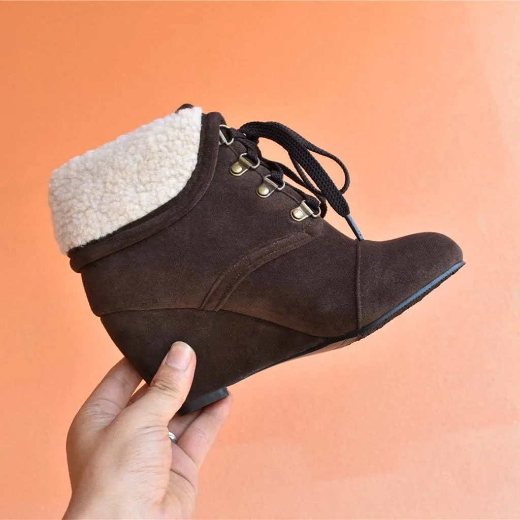 MIOKE Women's Winter Fur Wedge Ankle Boots Suede Round Toe Lace Up Chunky High Heel Cuff Dressy Short Bootie