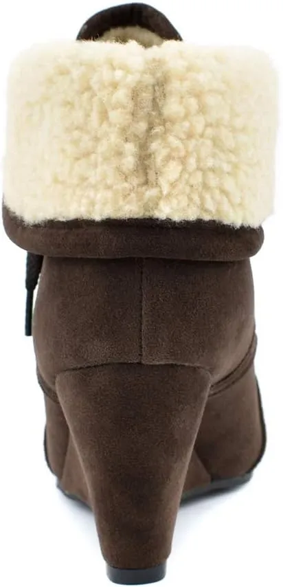 MIOKE Women's Winter Fur Wedge Ankle Boots Suede Round Toe Lace Up Chunky High Heel Cuff Dressy Short Bootie