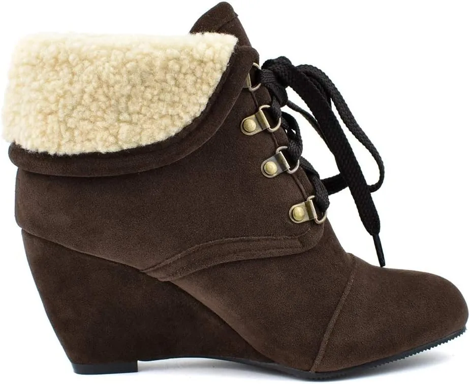 MIOKE Women's Winter Fur Wedge Ankle Boots Suede Round Toe Lace Up Chunky High Heel Cuff Dressy Short Bootie