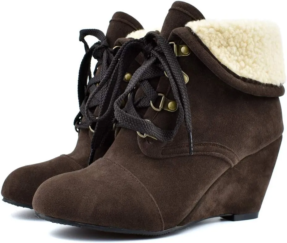 MIOKE Women's Winter Fur Wedge Ankle Boots Suede Round Toe Lace Up Chunky High Heel Cuff Dressy Short Bootie