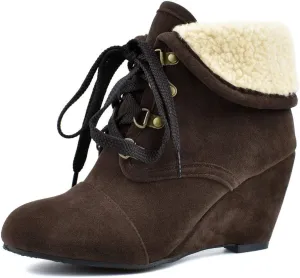 MIOKE Women's Winter Fur Wedge Ankle Boots Suede Round Toe Lace Up Chunky High Heel Cuff Dressy Short Bootie