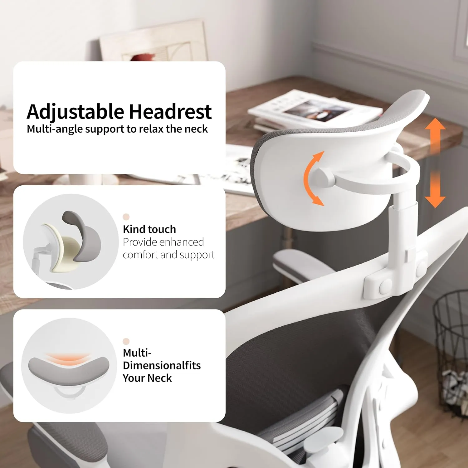Monhey Office Chair Ergonomic Desk Chair with Lumbar Support&Headrest&Flip-up Arms Height Adjustable Rocking Swivel High Back Computer Chair Warm Taupe Mesh Study Chair (02White Grey)