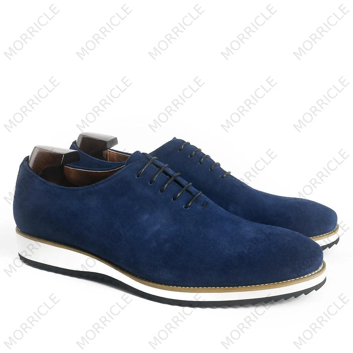 Navy Blue Suede Wholecut Oxford Shoes