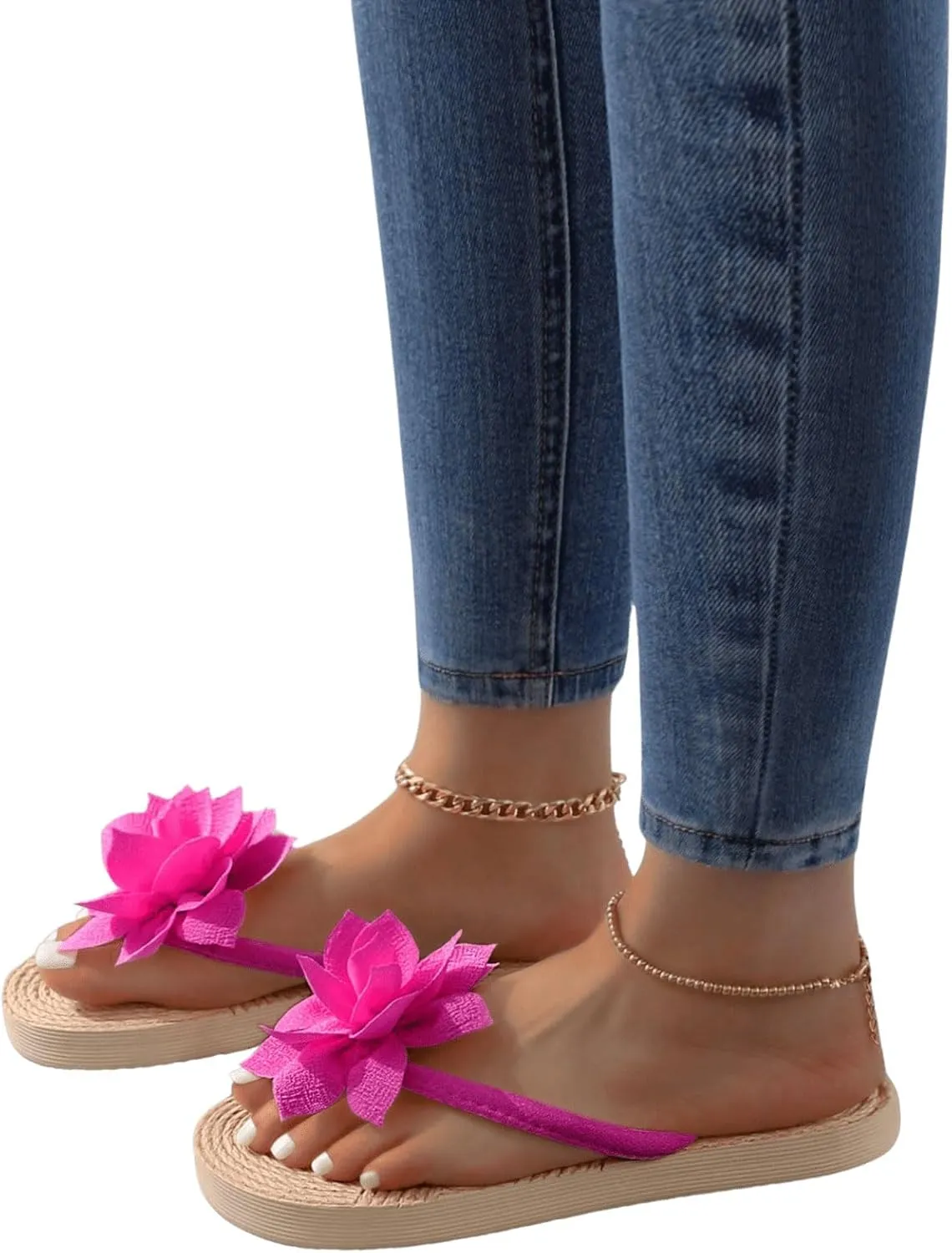 OYOANGLE Women's Applique Decor Open Toe Flip Flop Sandals Casual Outdoor Flat Slippers