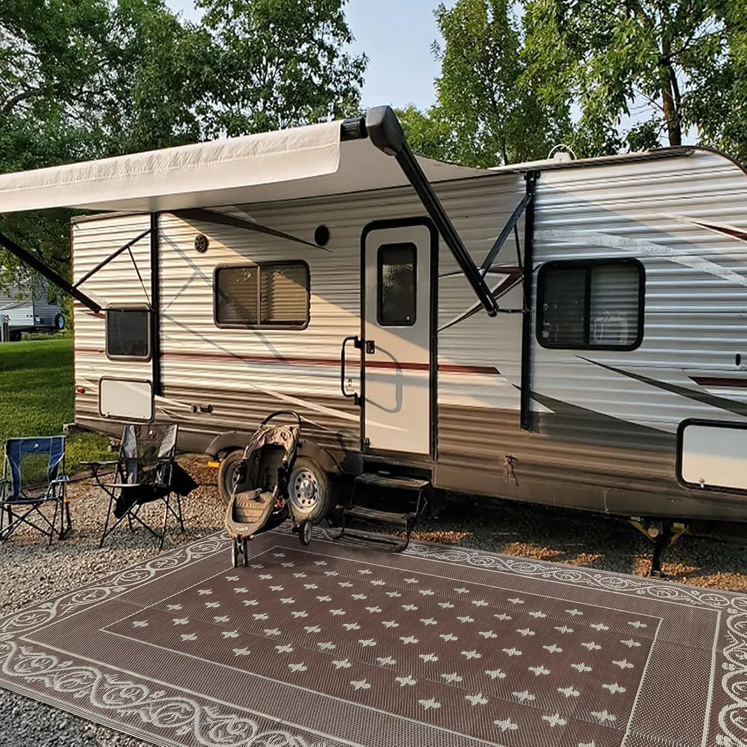 Pauwer Waterproof Outdoor Rug 6x9, Reversible Plastic Straw Patio Camping Rug, Indoor Outdoor RV Mat Carpet for Deck, Camper, Porch, Balcony, Backyard, Picnic, Bordered Brown