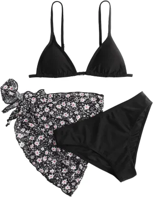 SHENHE Girl's 3 Piece Swimsuit Cute Spaghetti Strap Triangle Bikini with Ditsy Floral Print Cover Up Kid Bathing Suit