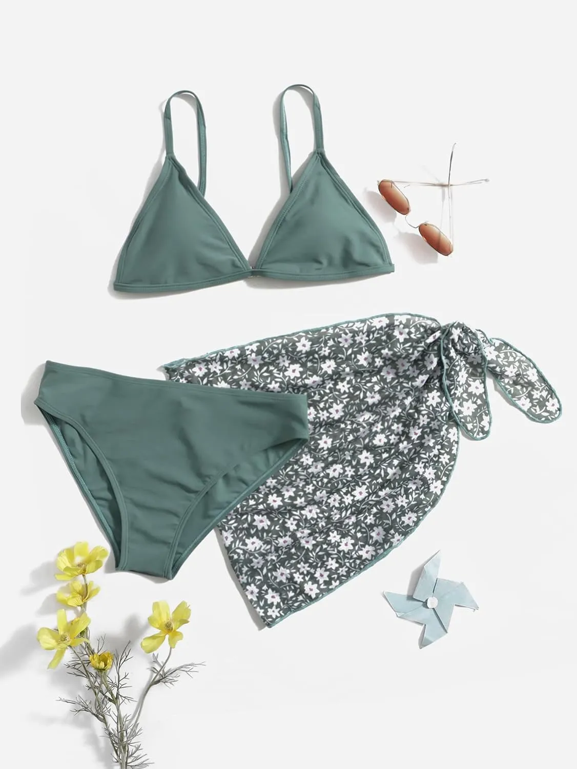 SHENHE Girl's 3 Piece Swimsuit Cute Spaghetti Strap Triangle Bikini with Ditsy Floral Print Cover Up Kid Bathing Suit