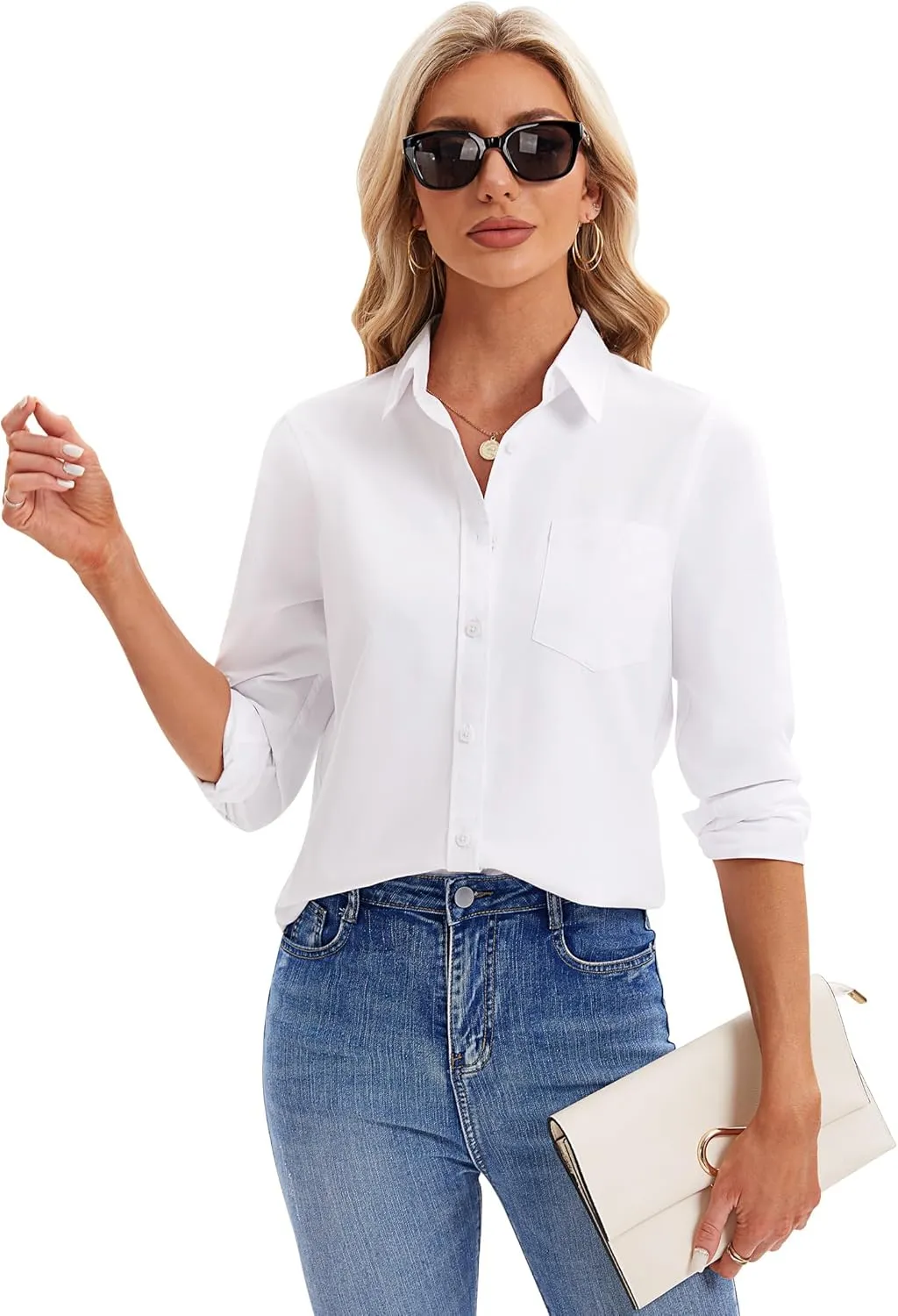 siliteelon Womens Button Down Shirts Long Sleeve Collared Office Work Blouses Tops with Pocket Oxford Shirts