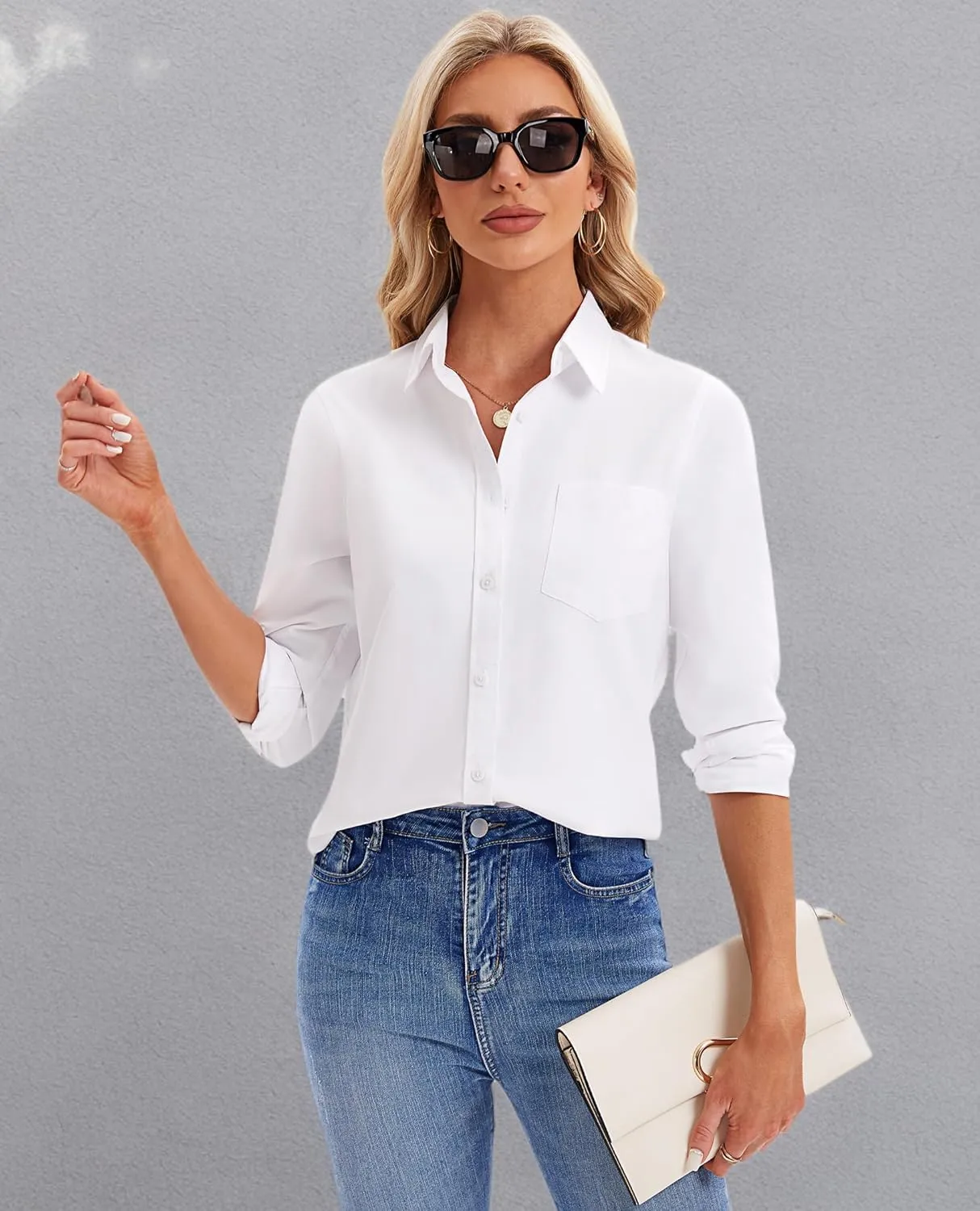 siliteelon Womens Button Down Shirts Long Sleeve Collared Office Work Blouses Tops with Pocket Oxford Shirts