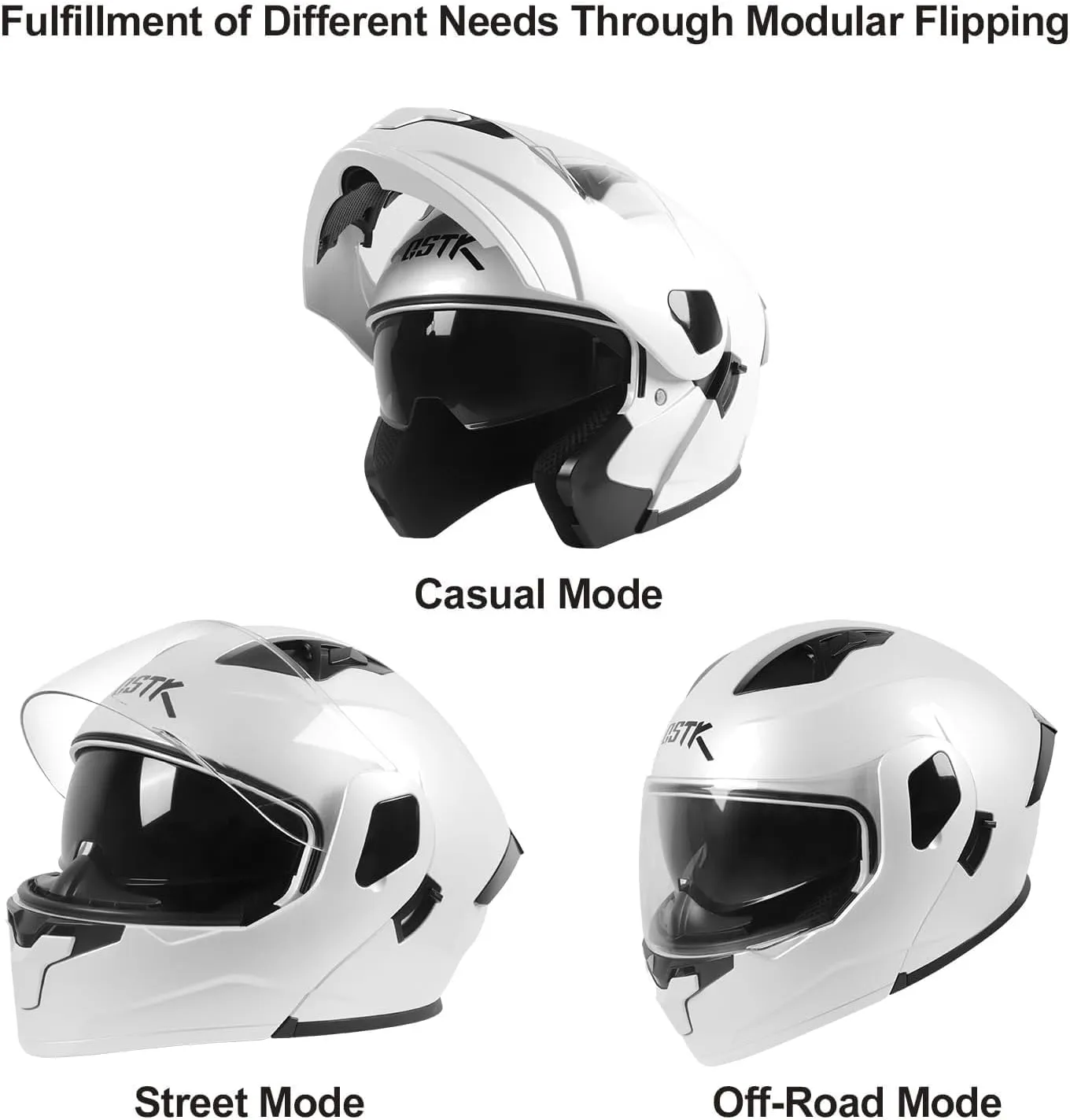 SPARK DOT Approved Modular Flip-Up Dual Visor Motorcycle Full Face Helmet, White, Small (55-56cm)