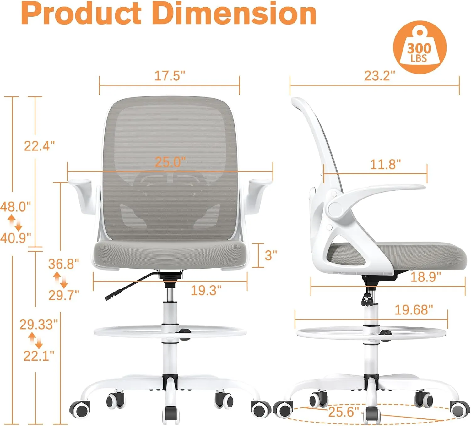 Tall Drafting Chair with Lumbar Support and Footrest Ring, Supportive Tall Extended Height Ergonomic Desk Chair for Home Work, Breathable Mesh Office Chair with Flip up Arms(Gray)
