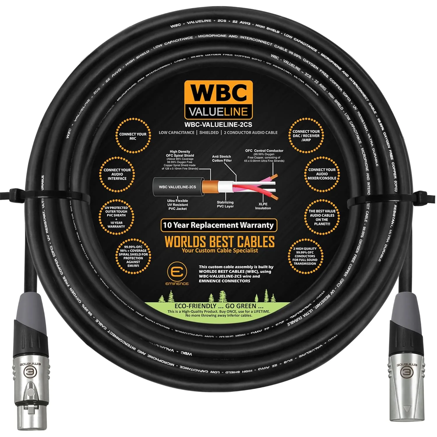 WBC-VALUELINE-2CS (22 AWG) - 20 Foot–Low-Capacitance Shielded Balanced Flexible Microphone, Active-Speaker & Interconnect Cables with Eminence Gold XLR Connectors