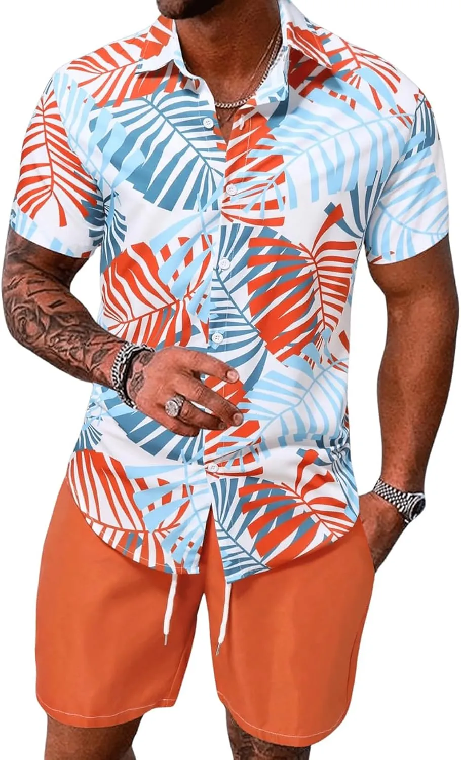 Yimoon Mens Summer Beach Vacation Outfits 2 Piece Tropical Short Sleeve Button Down Hawaiian Shirt and Shorts Set(Orange-XL)