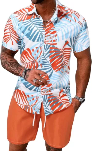 Yimoon Mens Summer Beach Vacation Outfits 2 Piece Tropical Short Sleeve Button Down Hawaiian Shirt and Shorts Set(Orange-XL)